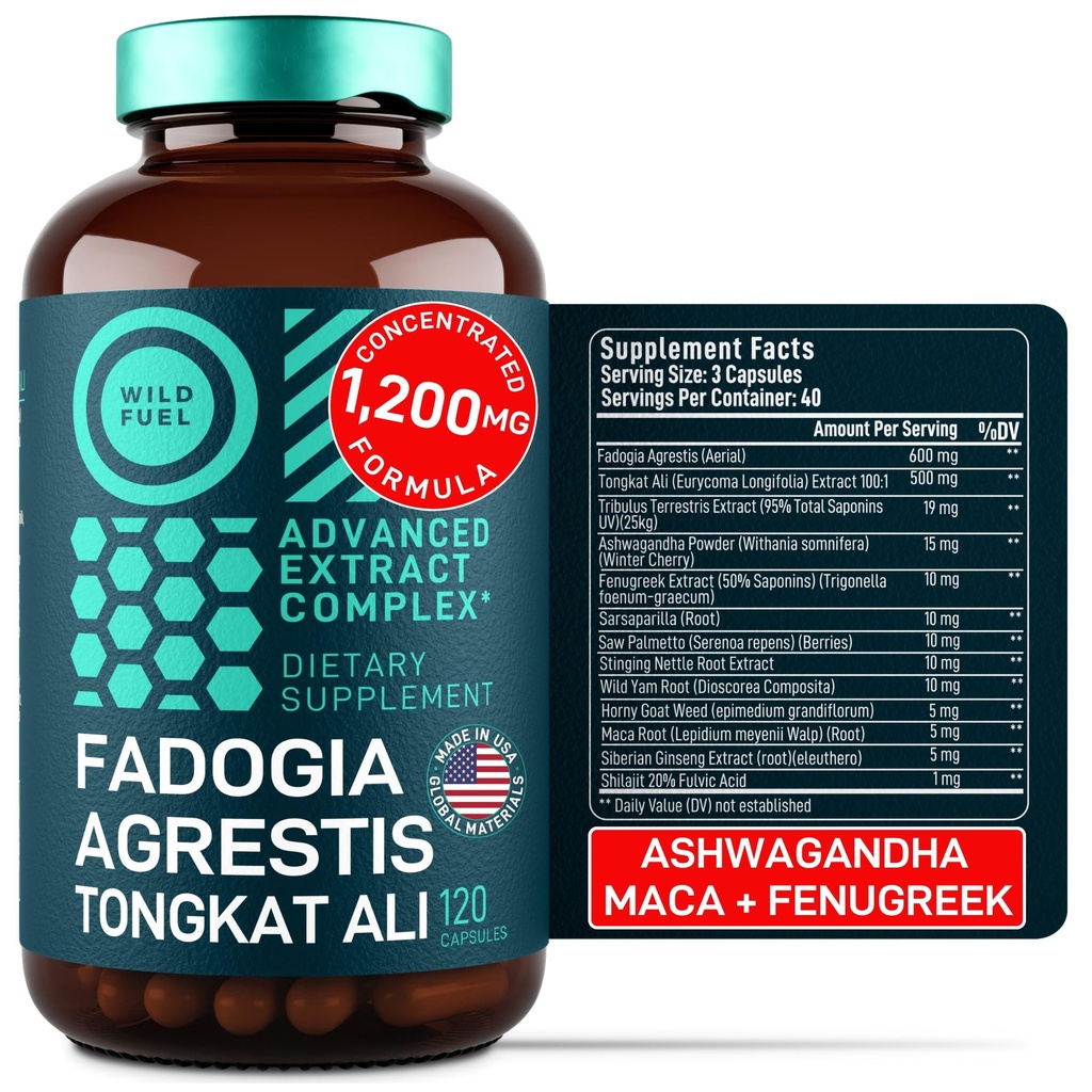 Fadogia Agrestis und Tongkat Ali Supplement - 600mg Fadogia Agrestis für Herren, 500mg Longjack Tongkat Ali, Ashwagandha Maca Fenugreek Complex - Muskelkraft, Energie, Stimmungsunterstützung - 120 Kapseln