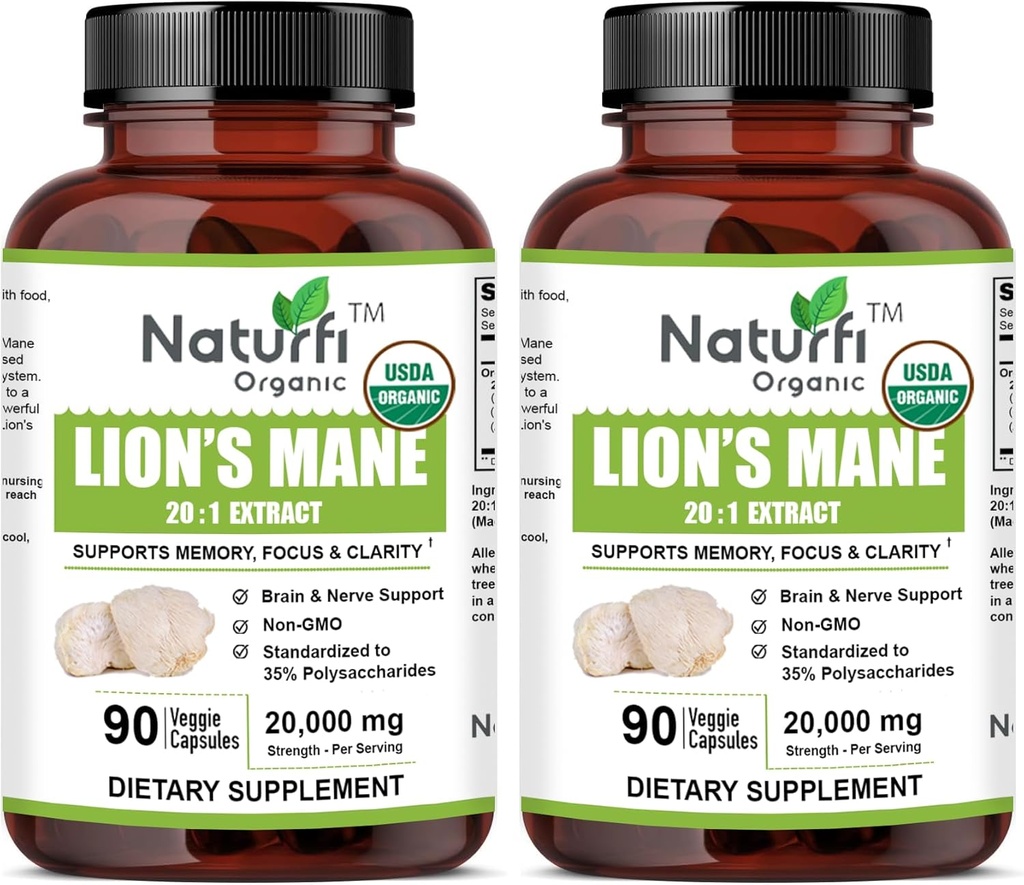 USDA Bio Lion's Mane 20:1 Extrakt, 20.000 mg Stärke, 35% Polysaccharide, 180 Vegan Kapseln, 90 Tage Versorgung, Standardisiert und konzentriert 20X Extrakt, All-Natural und Non-GMO