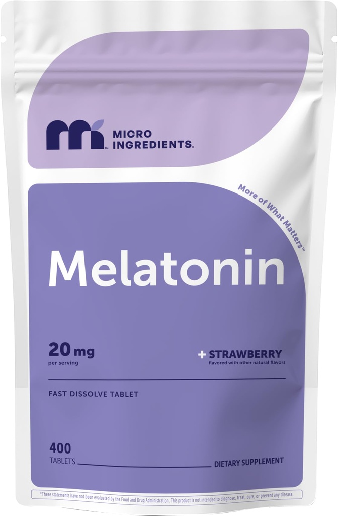 Micro Ingredients Melatonin 20mg, 400 Tabletten | Erdbeergeschmack | Fast Dissolve | 100% Drug Free | Vegetarian Friendly | Non-GMO, No Gluten, Sugar Free