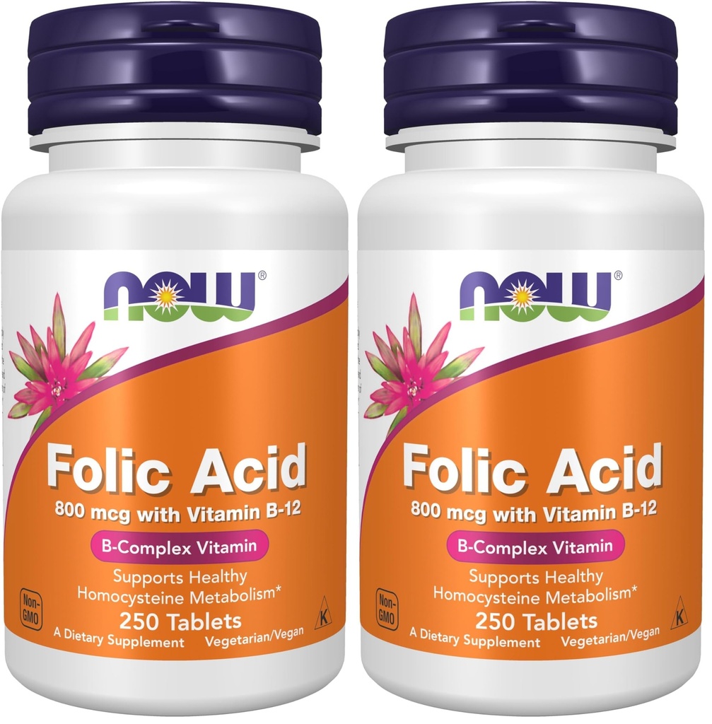 JETZT Ergänzungen, Folsäure 800 mcg + B-12 (Cyanocobalamin) 25 mcg, B Complex Vitamin, 250 Tabletten (Pack von 2)