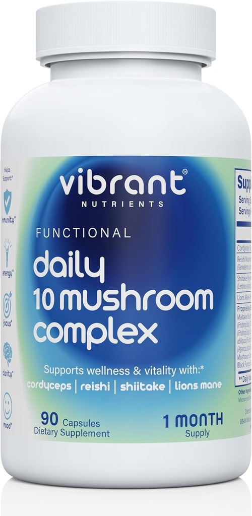 Täglich 10 Pilz-Komplex – Lions Mane, Reishi & Cordyceps – Immun Booster - Nootropic Brain Supplement - Natürliche Energie & Stress Relief – Glutenfrei & Non-GMO - 90 Veggie Kapseln