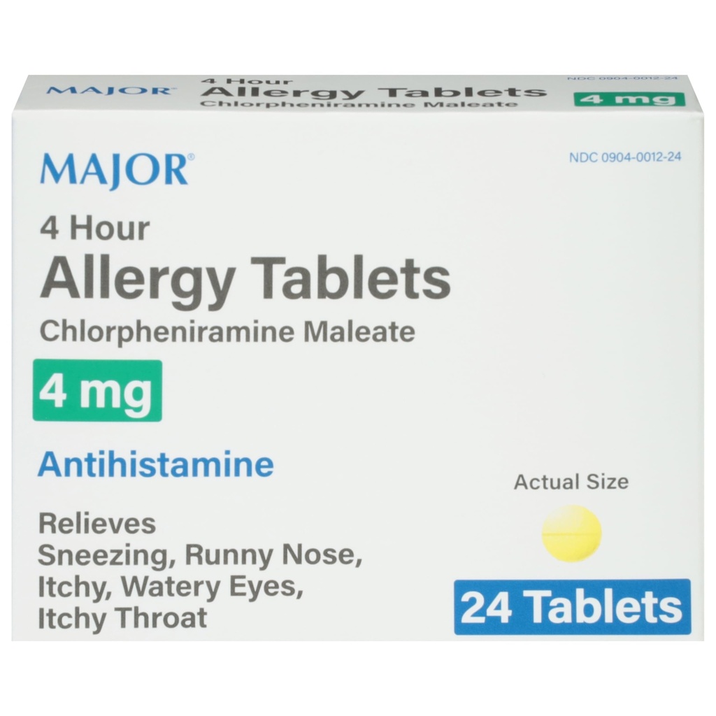 MAJOR 4 Hour Allergy Tabletten - Chlorpheniramin Maleat 4mg - Antihistamin - 24 Count (1 Pack)