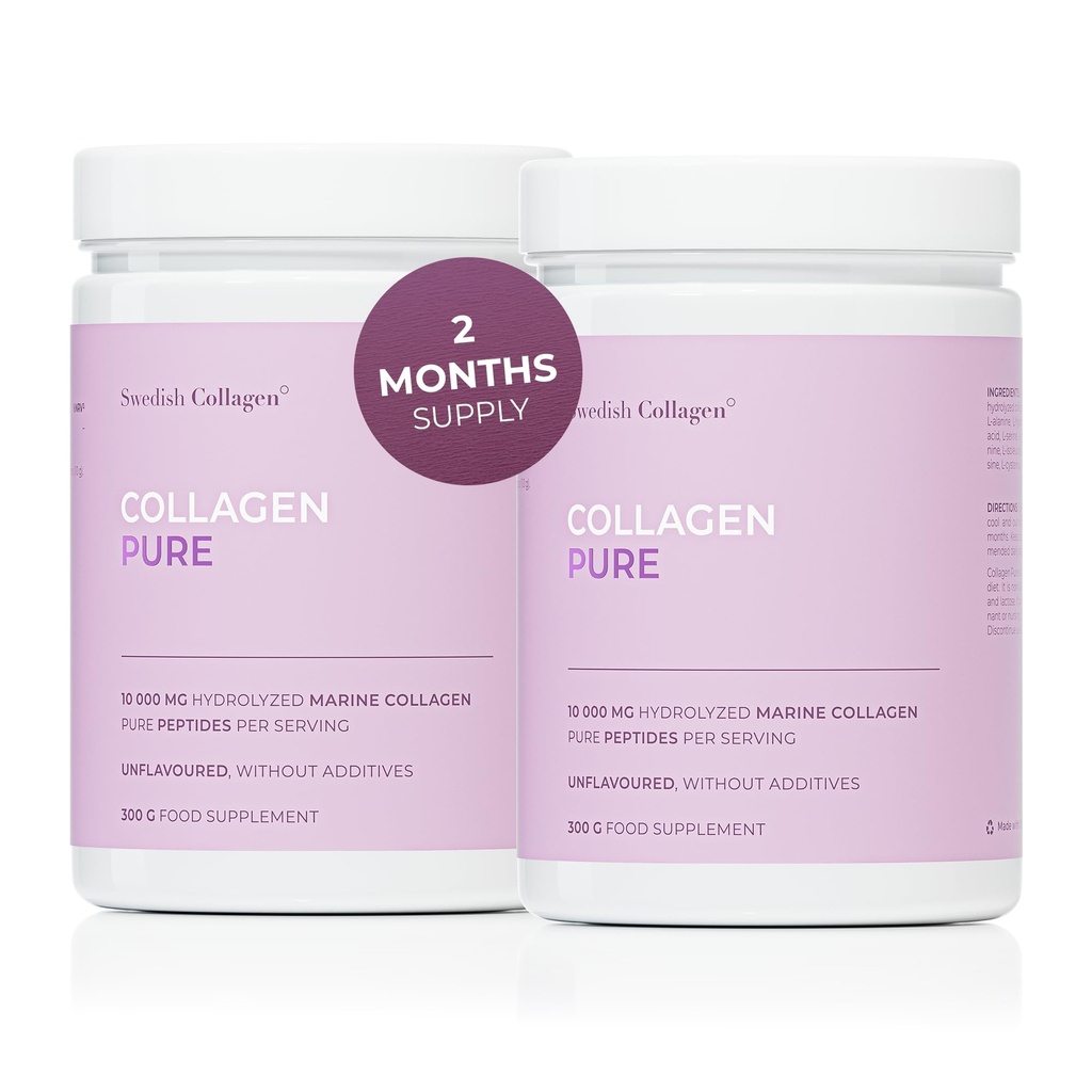 Swedish Collagen Hydrolyzed Marine Collagen Powder 10,000 mg Per Serving - 2 x 300 g (600 g Total) | Unflavored Pure Peptides | 60 Day Supply