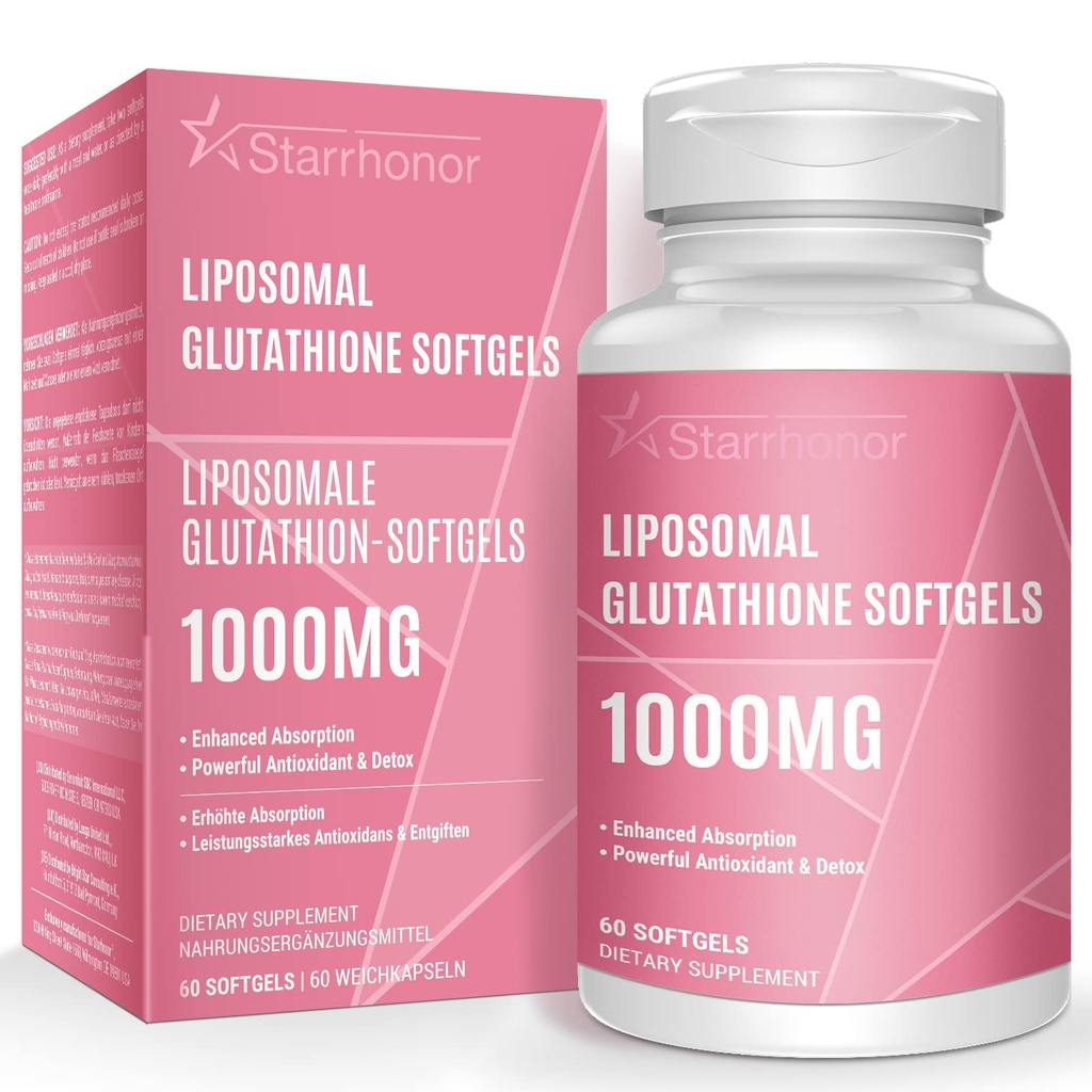 Glutathion liposomique Softgels 1500MG, Supplément réduit de glutathion avec vitamine C, Meilleure absorption, Antioxydant puissant non-OGM pour le vieillissement en santé, Detox, Santé immunitaire, 60 Softgels