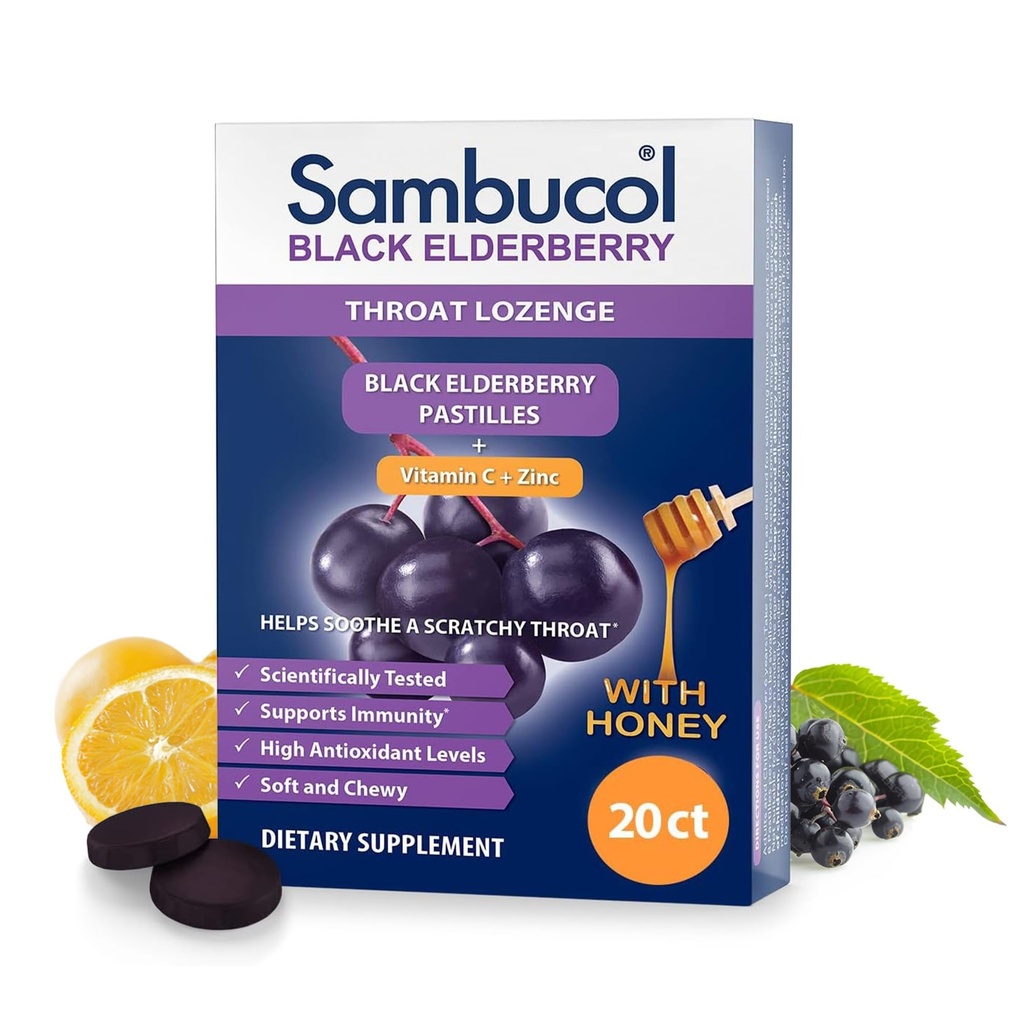 Sambucol Black Elderberry Throat Lozenge - Sambucus Elderberry Lozenges Mit Vitamin C, Zink & Honig, Hilft Beruhigen Sie einen schroffen Throat, hohe Antioxidantien, Glutenfrei - 20 Count