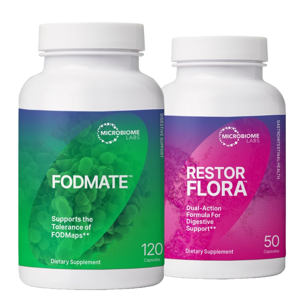 Microbiome Labs RestorFlora Probiotic Supplement, Saccharomyces & Spore-Based Probiotics (50 Kapseln) + FODMATE Verdauungsenzyme helfen, FODMAPs (120 Kapseln) zu brechen