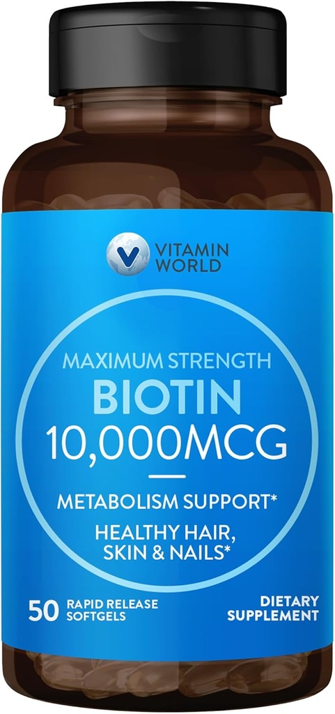 Vitamin World Ultra Mega Biotin 10.000 mcg. 50 Softgels, Vitamin B, Unterstützt gesundes Haar, Haut und Nägel, Schnell-Release, Glutenfrei