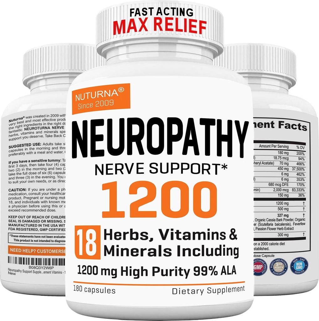 Neuropathy Support Supplement mit 1200 mg HP-99 Alpha Lipoic Acid - Max Strength ALA Nerve Formel für Füße Finger Beine - Ultra Potent 18 in 1 Natürliche periphere Nerve Vitamine - 180 Kapseln