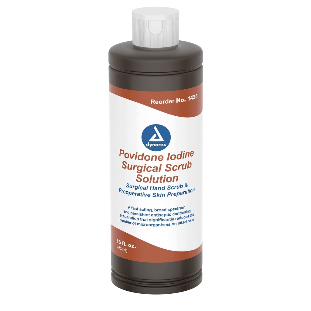 Dynarex Povidone-Iodine Scrub Lösung, Antiseptische Lösung für Haut und Mucosa, Ideal für chirurgische Site Zubereitung, Enthält Povidone Iodine 7,5%, 16 fl. oz., 1 Flasche
