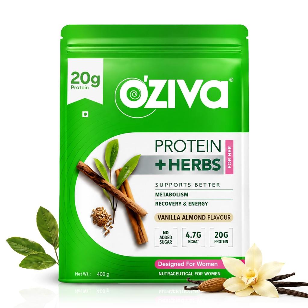 OZIVA Protéines et herbes pour les femmes 1,1 Lb (500 gm) avec multivitamines, Curcumine, Shatavari, Tulsi pour le métabolisme amélioré, l'équilibre hormonal et la peau, la santé des cheveux, l'amande de vanille (1,1 lb)