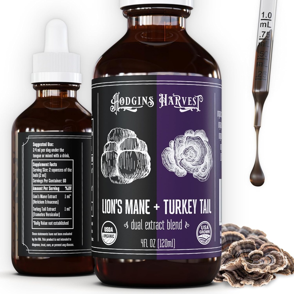 Teinture de la queue de lion biologique + de dinde, fabriquée avec des champignons cultivés sur notre ferme aux États-Unis