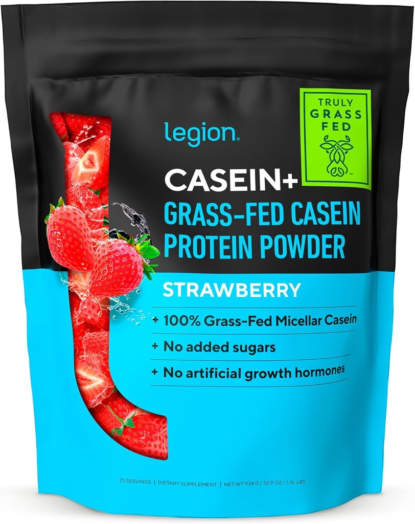 Poudre de protéines de caséine LÉGION (Strawberry) - Poudre de protéines micellaires à libération lente - Poudre de caséine sans OGM, sans gluten et naturellement sucrée provenant de vaches herbeuses