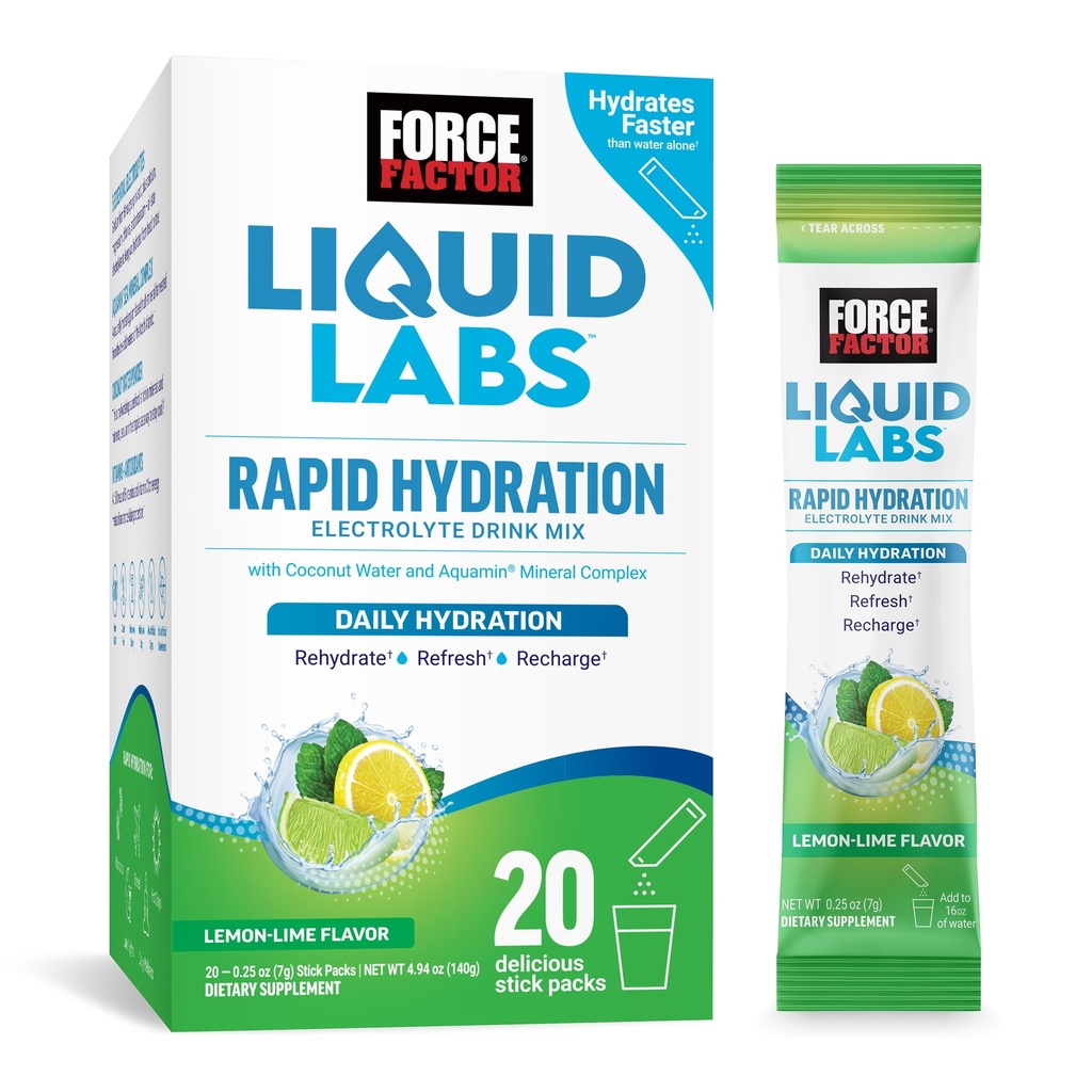 FORCE FACTOR Liquid Labs Elektrolyte Pulverpackungen – Zitronenlim – Hydrationspackungen, um Elektrolytwasser mit 5 essentiellen Elektrolyten, Vitaminen, Mineralien und Antioxidantien, 20 Stick Packs zu machen
