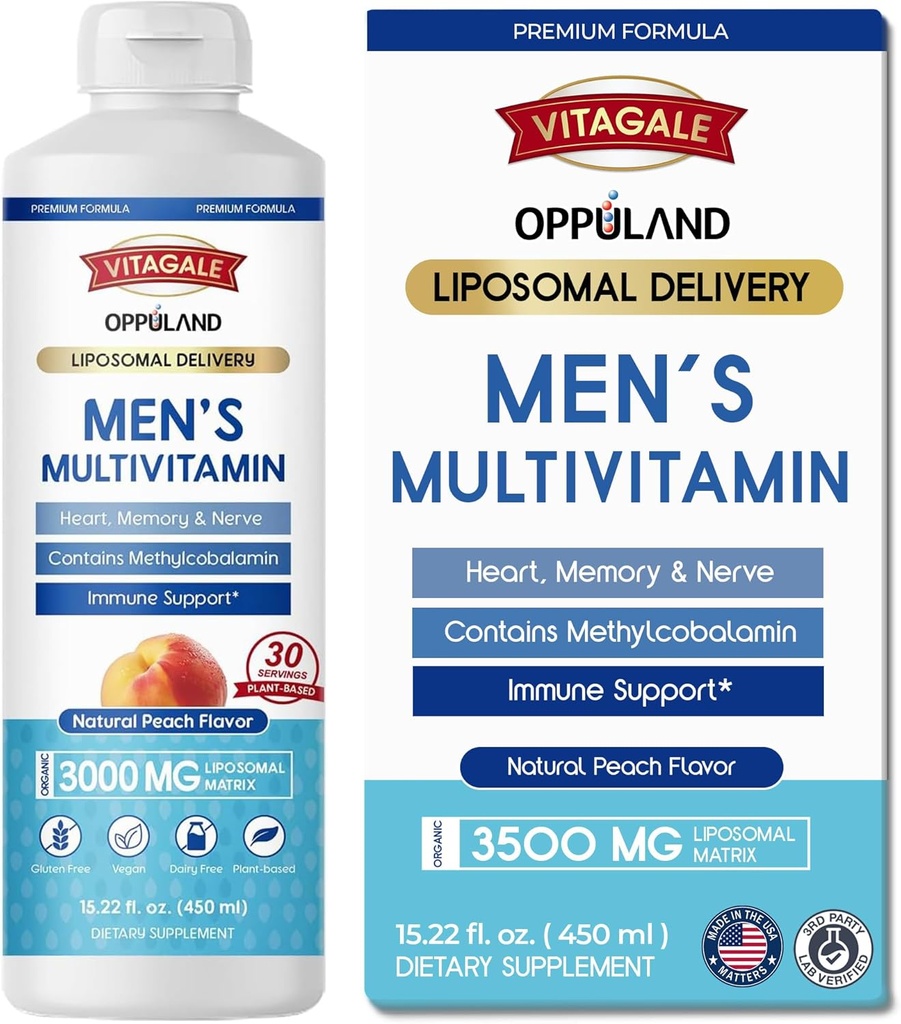 Multivitamin - Flüssige Ergänzung - Liposomale Lieferung - Täglich Multi Vitamin mit Biotin B Complex Omega-3 - Haar- und Nagelunterstützung Vitamin - Peach Flavor - 3000 mg pro Portion - 450 ml