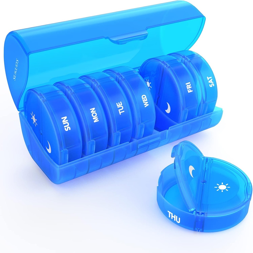 Organisateur hebdomadaire de pilules 7 jours 2 fois par jour, Sukuos Grande boîte de pilules de voyage pour pilules/vitamine/huile de poisson/compléments, boîte d'organisateur de médecine quotidienne, cas de pilules sans BPA, facile à nettoyer