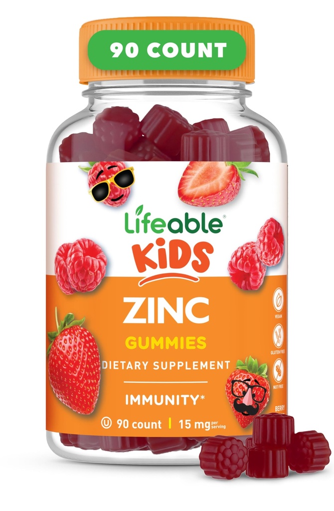 Gommies de zinc vivaces pour les enfants de 15mg de Grande Dégustation Enfants Suppléments de zinc GMO Vitamines de zinc végétariennes gratuites pour une peau saine et un soutien immunitaire pour les enfants et les enfants de 90 Gommies