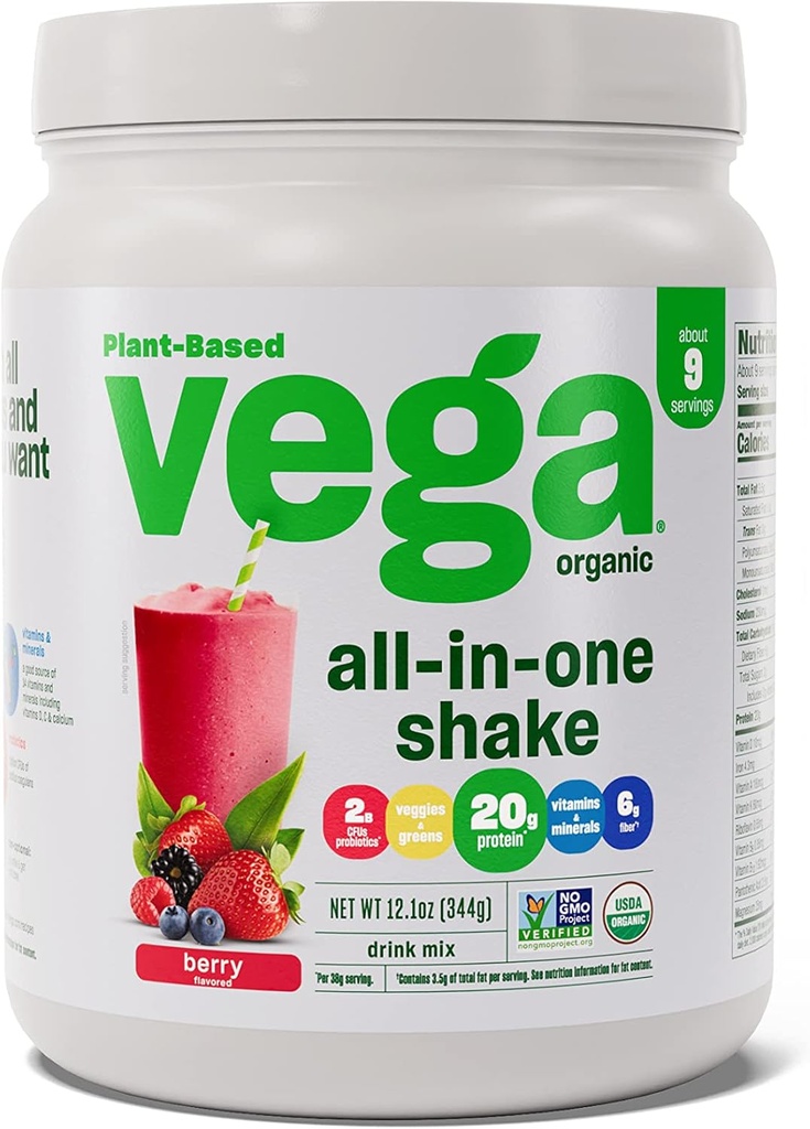 Poudre de protéines végétales biologique tout-en-un Vega, Berry - Superfood Ingrédients, Vitamines pour le soutien immunitaire, Keto Friendly, Pois Protéines pour les femmes et les hommes, 12.1 oz (Packaging May Vary)