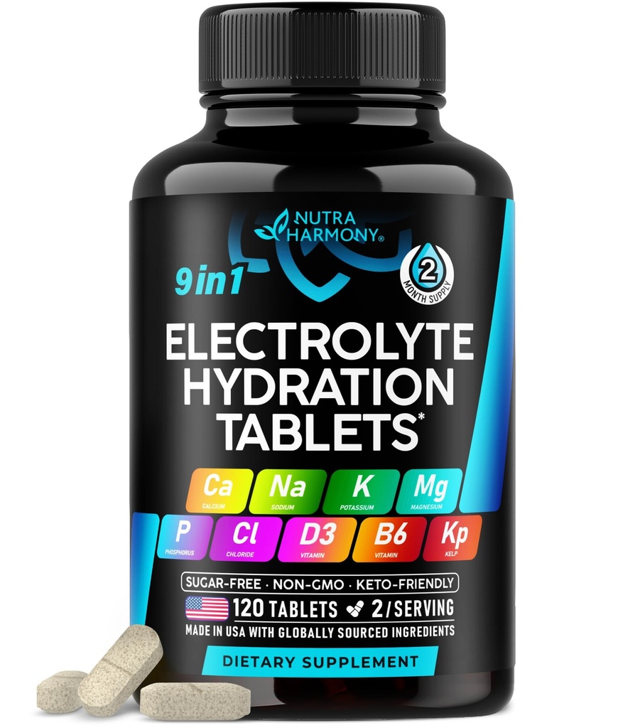 Elektrolyte - Elektrolyttabletten mit Magnesium, Natrium, Kalium, Chlorid, Vitamine D3 & B6, Kelp Powder - Salztabletten - Made in USA - Mundtabletten als Kapseln - Vegan & Keto Friendly - 120 Tabs