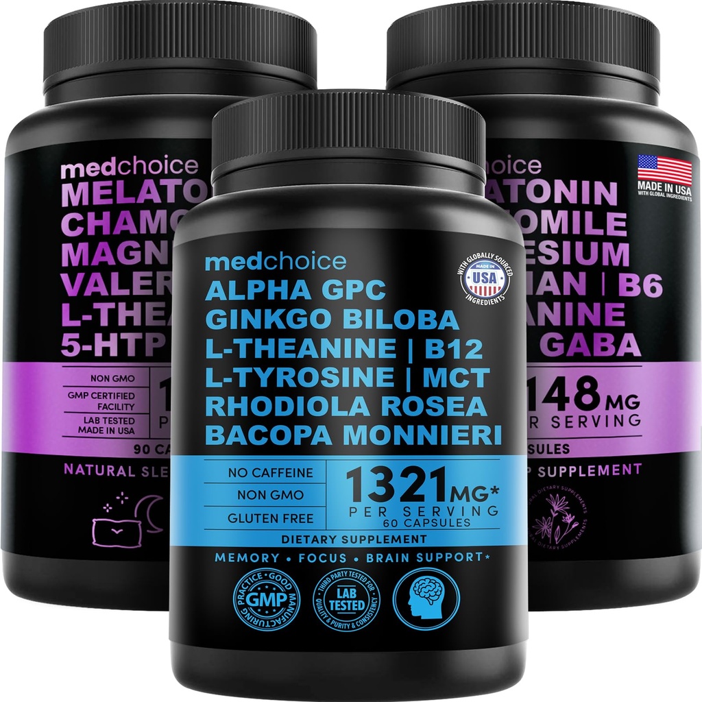 MEDCHOICE Sleep Melatonine (180ct) et Cerveau Nootropique (60ct) Supplément Bundle - Wellness Duo for Sleep, Cerveau, Focus, & Mood Support - Vegan, Non-OGM, Sans gluten