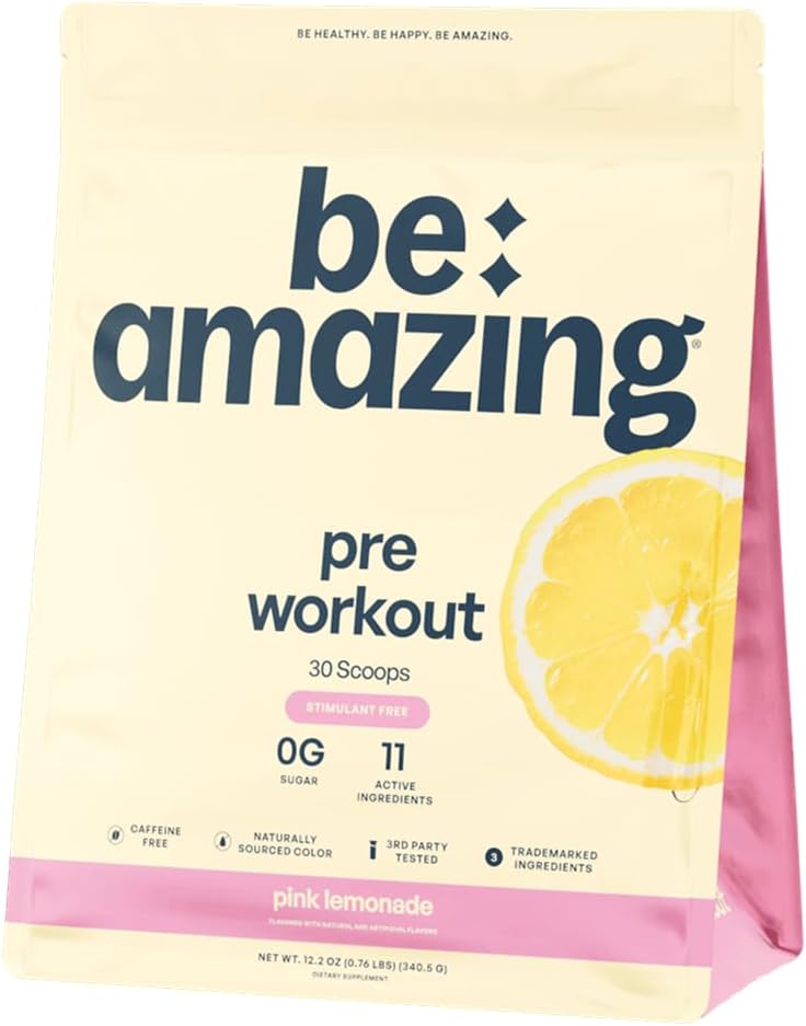 ÊTRE AMAZING sans caféine poudre de pré-entraînement, supplément végétalien avec Ashwagandha et adaptogènes pour les séances d'entraînement de nuit, mélange de boisson sans sucre pour les hommes et les femmes, sans gluten, citronade rose, 30 portions