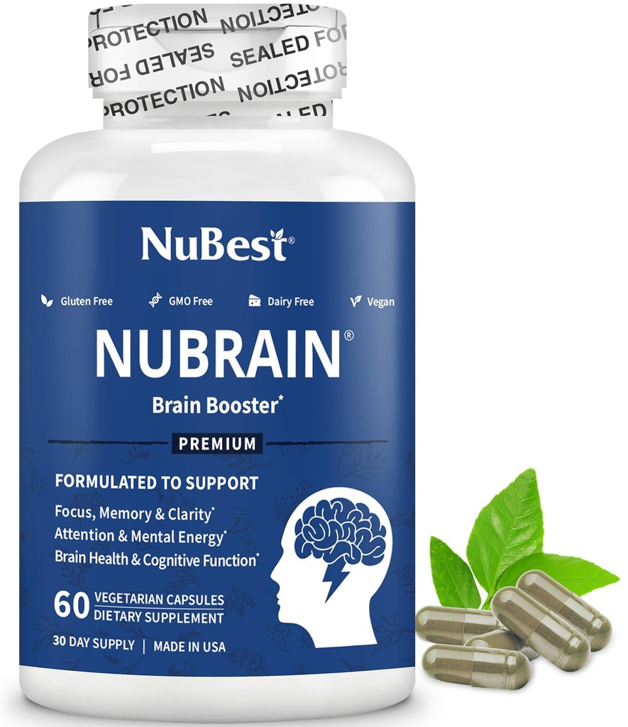 NuBrain Booster - Brain Supplement für Brain Booster, Memory, Focus & Clarity Support mit St. John’s Wort, Ginkgo Biloba, Bacopa & More - 60 Vegan Capsules | 1 Monat Versorgung