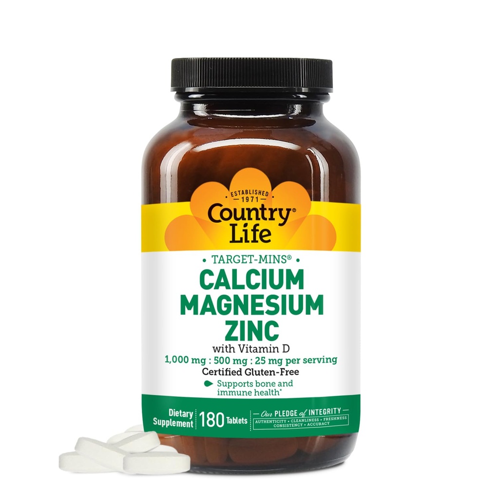 Pays Vie Calcium Magnésium Zinc avec vitamine D3 et acide L-Glutamique, complément alimentaire pour le soutien des os, certifié sans gluten, 1000mg/500mg/25mg, 180 comprimés