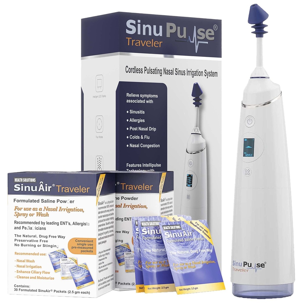 SinuPulse Reisender mit 90 Sinuair-Packets - Cordless Pulsating Nasal Bewässerung Sinus Rinse System, Space Saving Cleaner & Relief Maschine für Reisen, wirksamer als Neti Pot oder Nasenspray Flasche