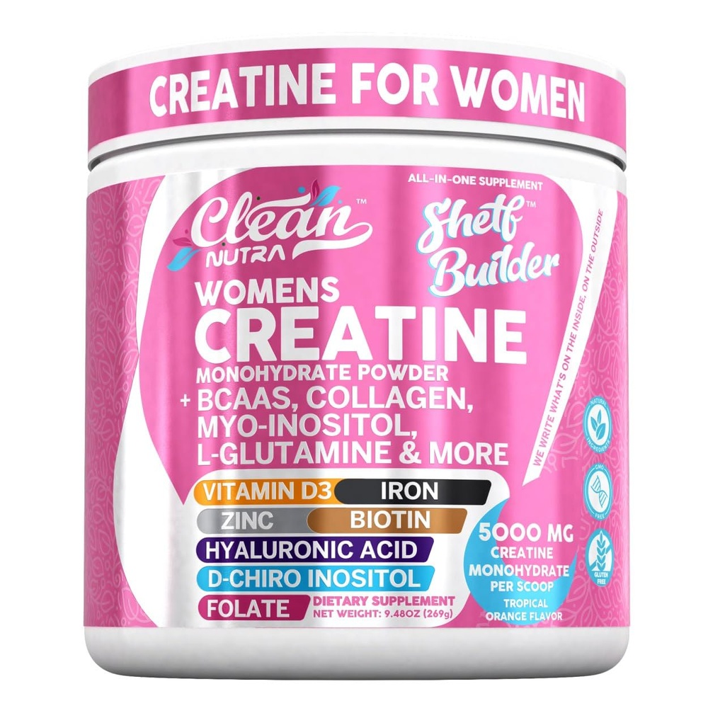 Kreatin für Damen | Kreatin Monohydrat + BCAA Pulver Myo-Inositol Collagen Biotin Hyaluronsäure Folat L Glutamin Vitamin D3 Eisen Zink D-Chiro-Maca Digestion Shelf Builder von Clean Nutra
