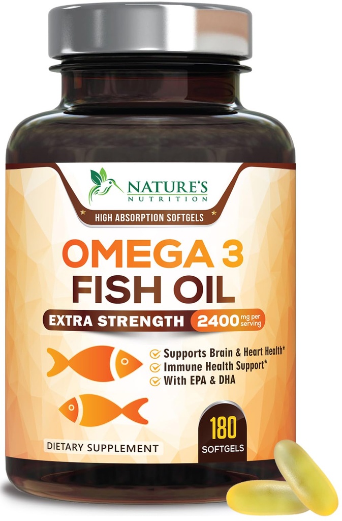 Omega 3 Huile de poisson 2400 mg – Acides gras triples EPA et DHA pour le cœur, le cerveau et le soutien articulaire – Wild-Caught, Burpless, supplément au citron – naturel, non OGM, sans gluten – 180 softgels