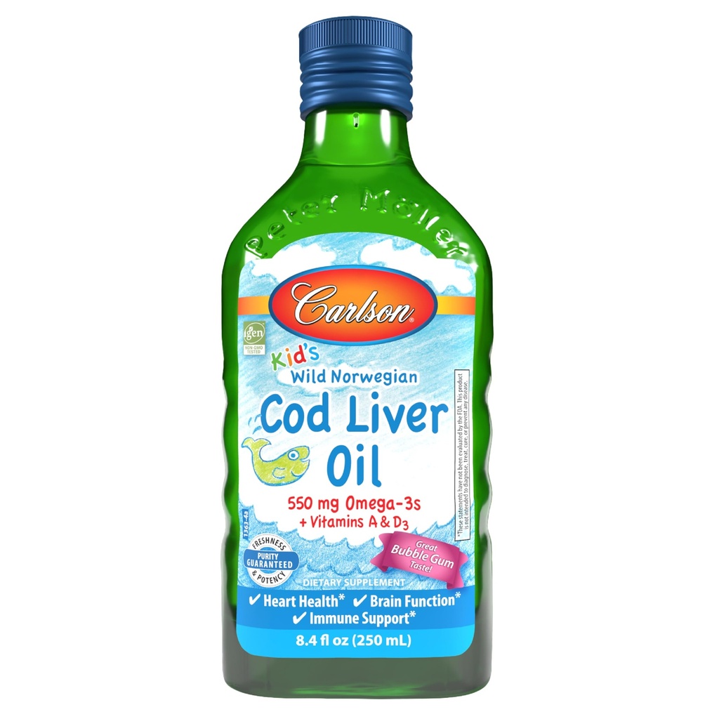 Carlson - Kid's Cod Liver Oil, 550 mg Omega-3s, Vitamine A & D3, Wild Norwegian, Bubble Gum, 250 mL