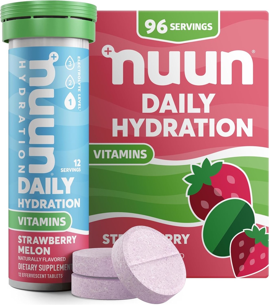 Nuun Vitamine Elektrolyttabletten mit Vitamin D, C, E, A, & B6, Folsäure, Magnesium & 4 andere essentielle Elektrolyte, Glutenfrei & Vegan, Erdbeerschmelze, 8 Packung (96 Portionen insgesamt)
