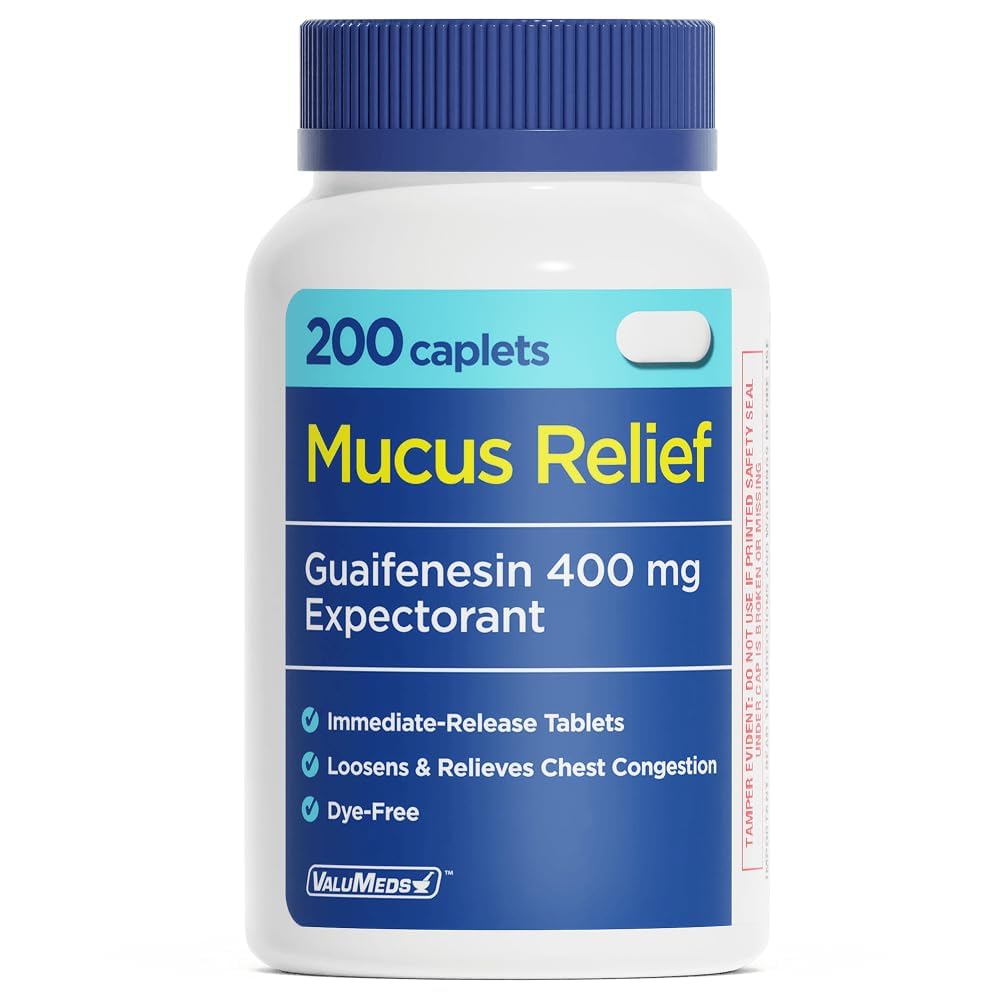 ValuMeds Mucus Relief Guaifenesin 400mg (200 Caplets) | Maximum Strength | Mucus Thinning for Colds, Chest Congestion, Flu, Coughing | Expectorant & Decongestant