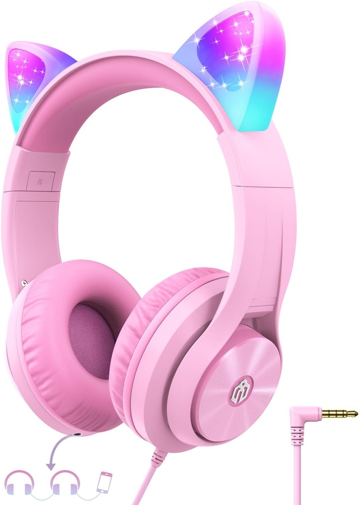 iClever Kinder Kopfhörer mit Cat Ear Led Light Up, Safe Volume Limite, FunShare, Foldable, Over-Ear Kopfhörer für Kinder für Schule/iPad/Tablet/Travel, Meow Donut-Pink