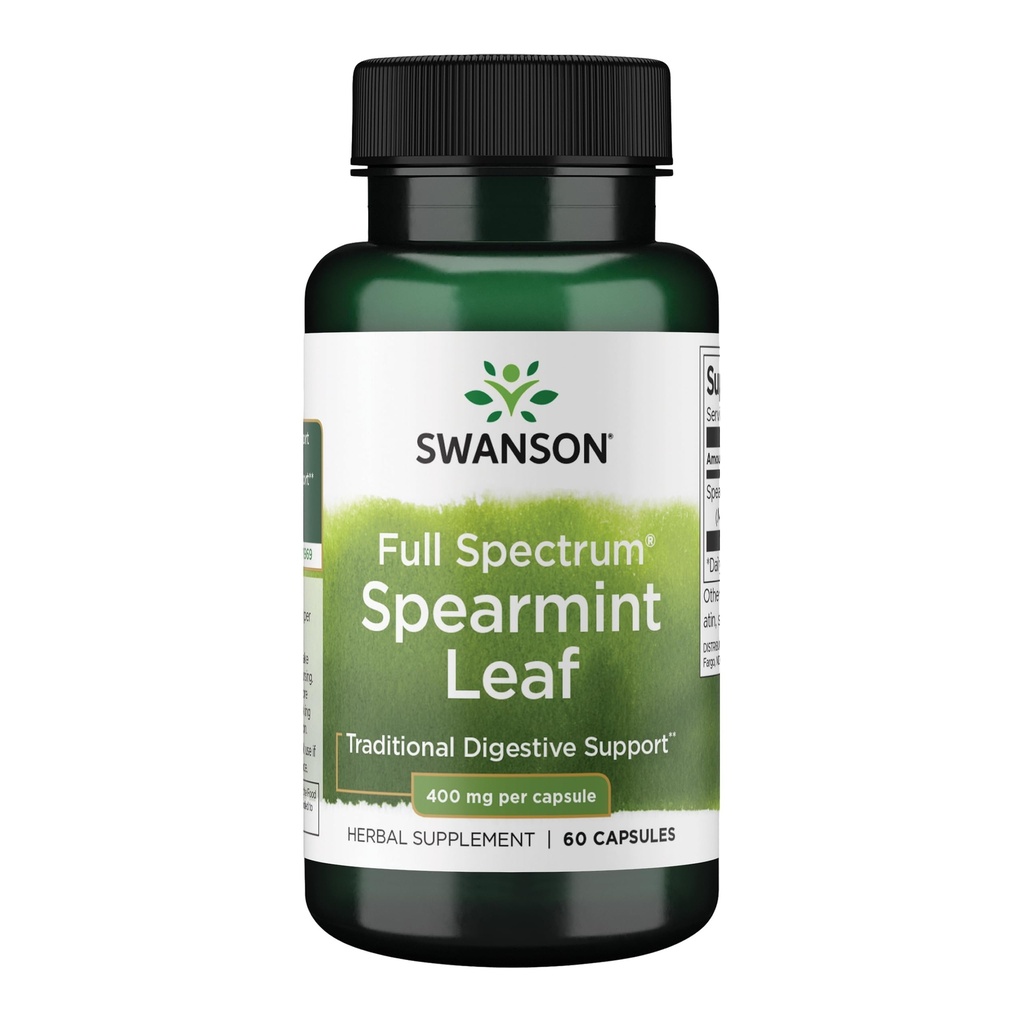 Swanson Spearmint Leaf (Mentha Spicata) - Supplément à base de plantes à spectre complet appuyant les questions de santé digestive et d'estomac léger - Formule naturelle appuyant la santé et le mieux-être - (60 capsules, 400mg chacune)