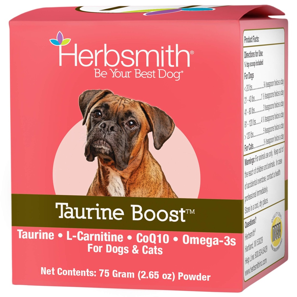 Herbsmith Taurine Boost - Aide cardiaque et cardiaque pour les chiens et les chats - Supplément Taurine pour la santé cardiaque des chiens et des chats – avec CoQ10, Taurine et L-Carnitine pour les chiens - 75g