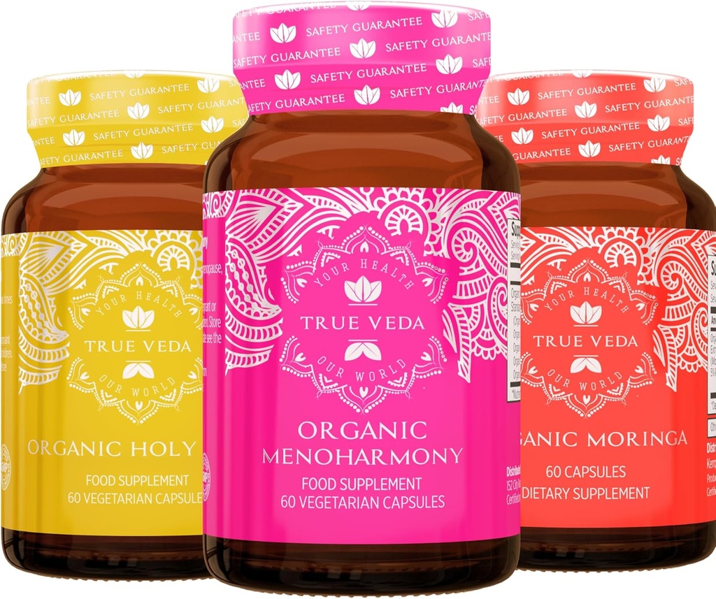 True Veda Menopause Bundle USDA Organic | Multi-Award-Winning | Organic Moringa | Organic Holy Basil mit Vitamin B6 | Organic MenoHarmony Capsules