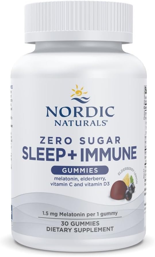 Nordic Naturals Zero Sugar Sleep + Immune Gummis - Elderberry Lemon Flavor - 30 Gummis - 1,5 mg Melatonin für Schlaf mit Vitamin D3 - Elderberry & Vitamin C Immune Support - 30 Servietten