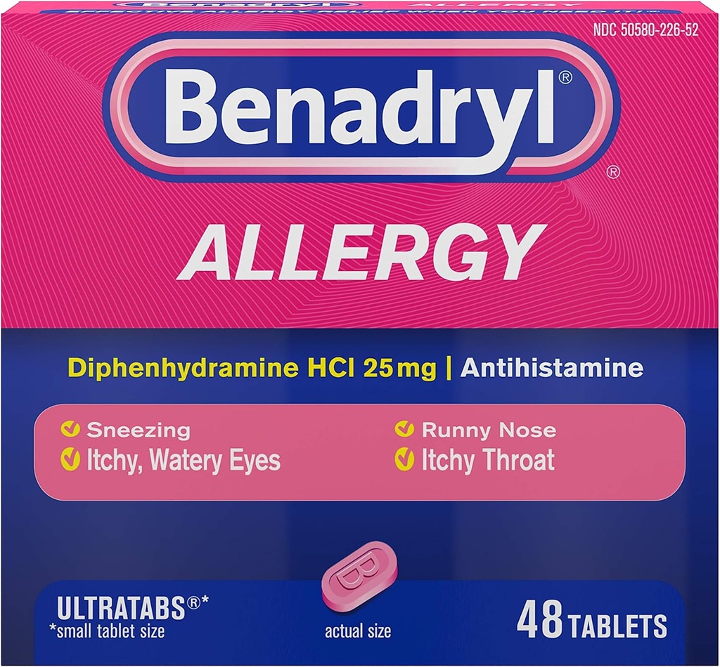 Benadryl Ultratabs Antihistamin Allergie Medizin, Diphenhydramin HCl Tabletten, 48 ct