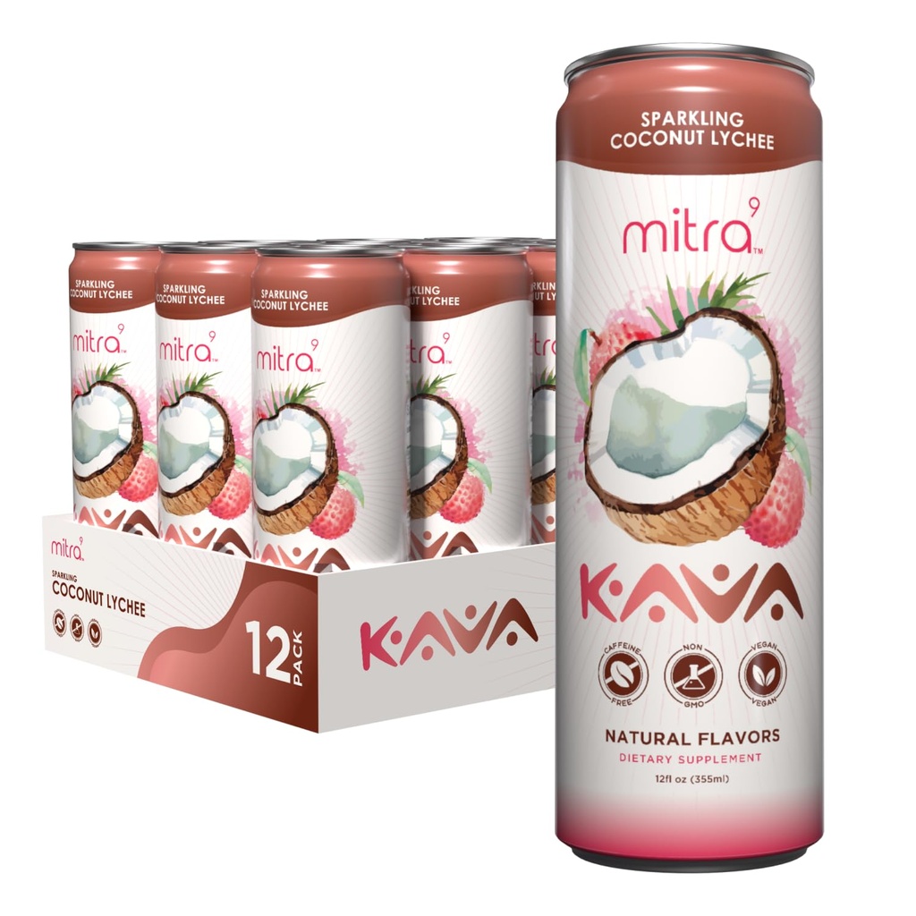 MITRA-9 Botanische Getränke - Kokosnuss Lychee Sparkling Kava Getränk mit Kava Wurzelextrakt - Mood Enhancer - Pflanzenbasiert - Fördert natürliche Kalk & Klarheit (12 Fl. Oz) (12)