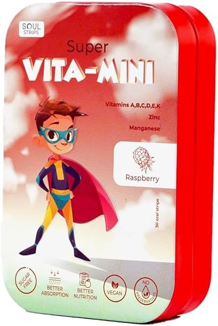 Soul Strips Super Vita-Mini - Vitamines essentielles A, B, C, D, E, K & Minéraux pour la croissance et la santé des enfants, Arôme de framboise, Zéro sucre, 100% végétalien, 30 bandes Pack '