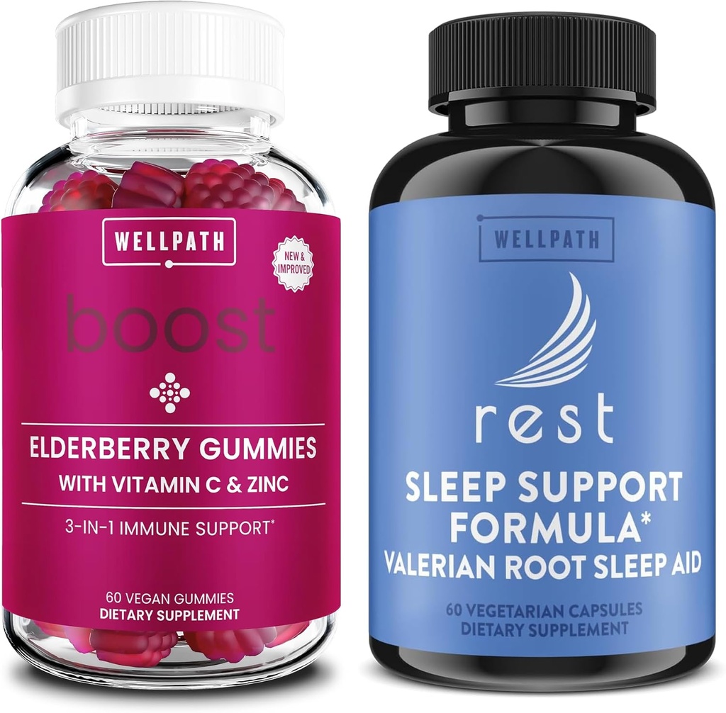 WellPath Elderberry Gummies mit Zink + Rest Valerian Root Schlafhilfe für Erwachsene mit Melatonin & L-Theanine, 60 Ct Jede