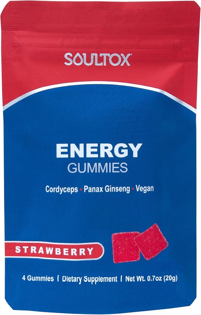Soultox Energy Mushroom Gummis Erdbeere - Vegan Formel mit Ginseng, Cordyceps, Koffein, Vitamin B12 - Boosts Energie und kognitive Funktion - natürliche Inhaltsstoffe - 10 Pack