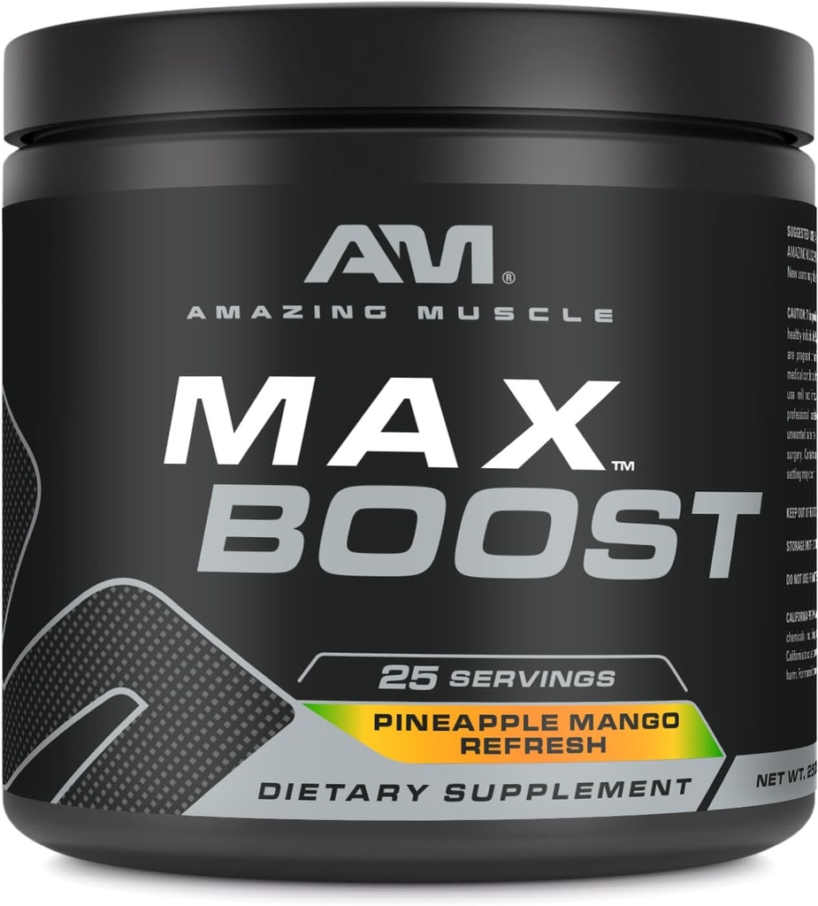 Erstaunliche Muskel Max Boost | 25 Portionen | Intensive Vor-Workout Ergänzung für Männer & Frauen | Enthält Kreatin Monohydrat, Koffein, Beta-Alanin, Betaine (25 Servierungen, Ananas Mango)