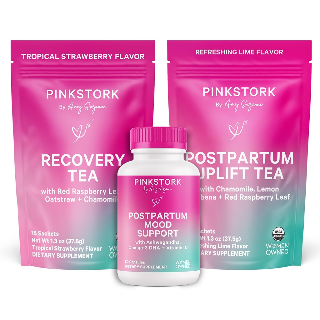 Pink Stork Postpartum Essentials Kit – Hormon Balance, Erholung & Stimmung Unterstützung für neue Mütter – postnatale Vitamine Ashwagandha + Kräutertees für Stress Relief, Energie, Schlaf – Geschenkset – Vegan, Bio