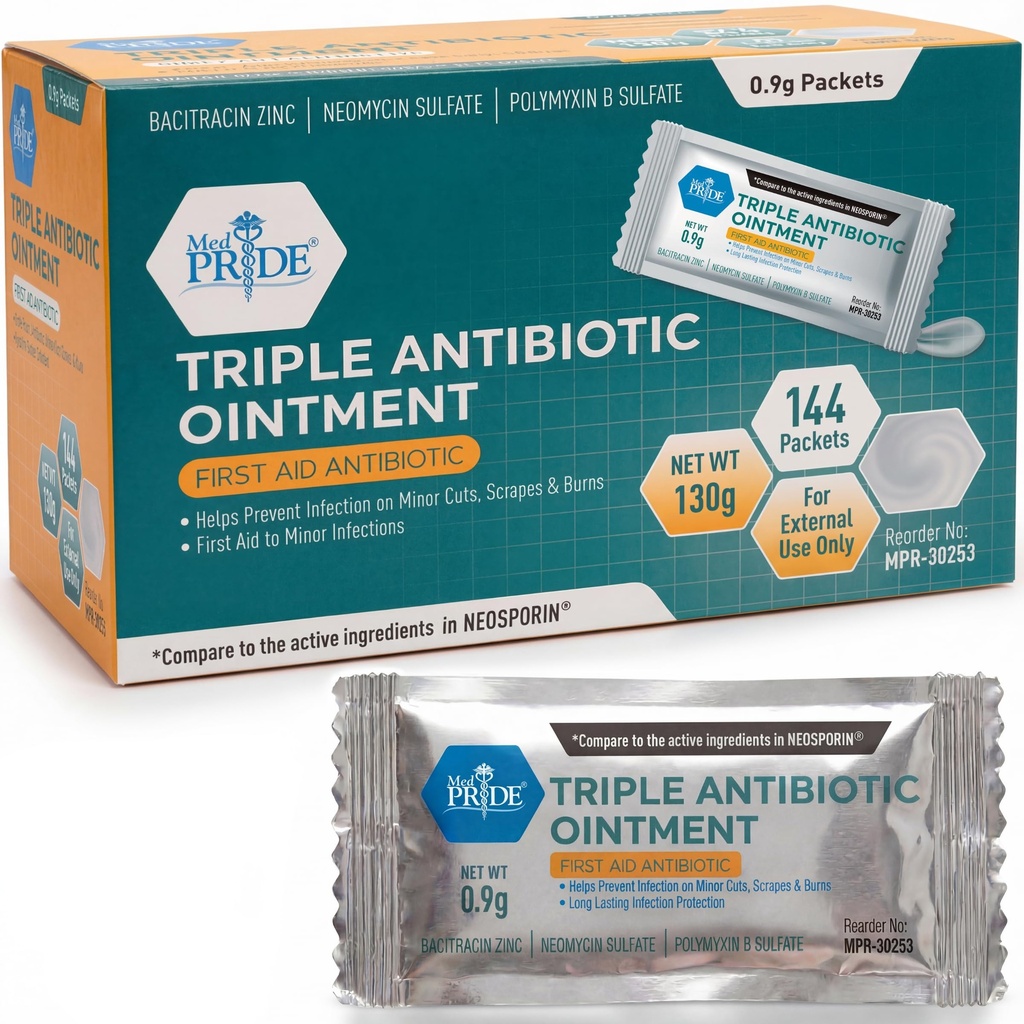 MED PRIDE Dreifache antibiotische Salbe Packets Bulk 144 X 0.9g, Einzelne antibiotische Salbe Packets für Burns, Cuts, Wound Care