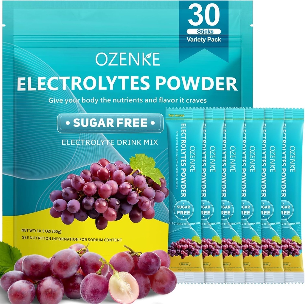 Paquets en poudre d'électrolytes, 30 bâtons Paquets d'hydratation Sans sucre, Mélange de boissons électrolytiques Portable Paquets d'électrolyte pour une hydratation rapide, 0 sucre et 0 calories, Arôme de raisin