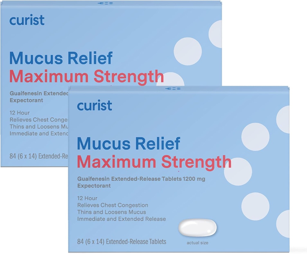 Curist Guaifenesin 1200 mg Relief mucus à libération prolongée Résistance maximale - 168 Compter les comprimés à libération prolongée en vrac - Réduire la congestion claire du mucus (2 paquets de 84 comprimés)