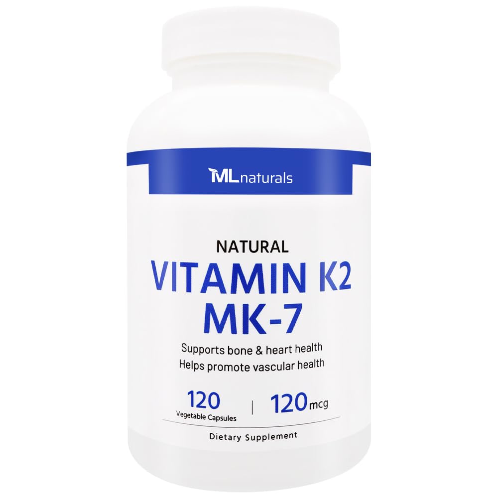 ML Naturals Natural Vitamin K2 MK-7 120 mcg 120 pflanzliche Kapseln. Natürliche MK-7/99% All-Trans MK-7. Unterstützt Knochen & Herz Gesundheit, hilft Vascular Health, NSF-zertifiziert & cGMP-Compliant.