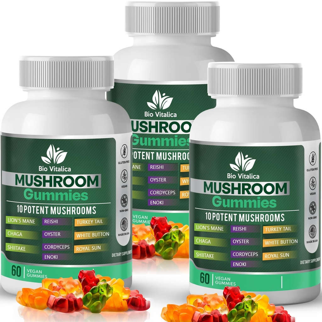 Pilz-Gummien – 10 Pilz-Komplex mit Lion’s Mane, Reishi, Chaga, Cordyceps & More – Fruchtige Vegan-Gummien – Non-GMO, Gluten-Free, Plant-Based – 3 Packungen