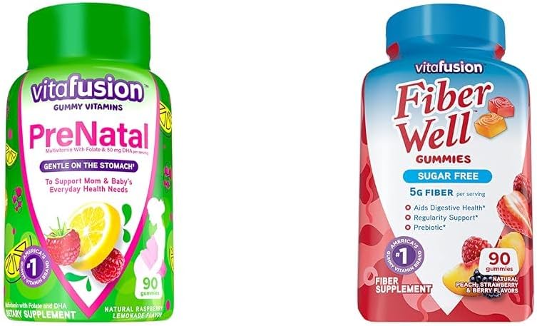 Vitafusion Prénatal Gummy Vitamines, Lémonade aux framboises Aromatisées, Vitamines de grossesse pour femmes et fibre bien supplément sans sucre, pêche, fraise et BlackBerry Aromatisées